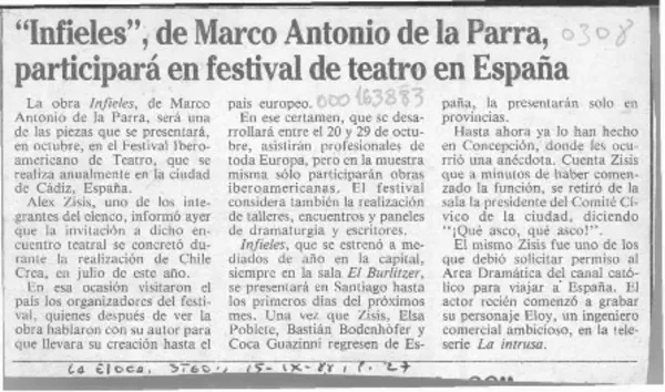 "Infieles", de Marco Antonio de la Parra, participará en festival de teatro en España  [artículo].