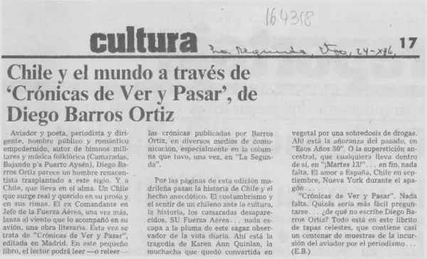 Chile y el mundo a través de "Crónicas de ver y pasar" de Diego Barros Ortiz  [artículo].