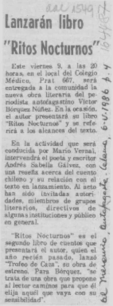 Lanzarán libro "Ritos nocturnos"  [artículo].