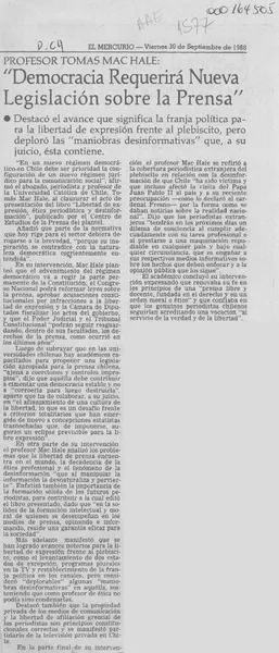 "Democracia requerirá nueva legislación sobre la prensa"  [artículo].