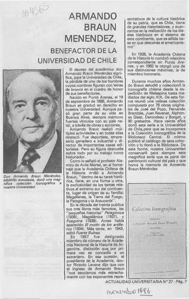 Armando Braun Menéndez, benefactor de la Universidad de Chile  [artículo].