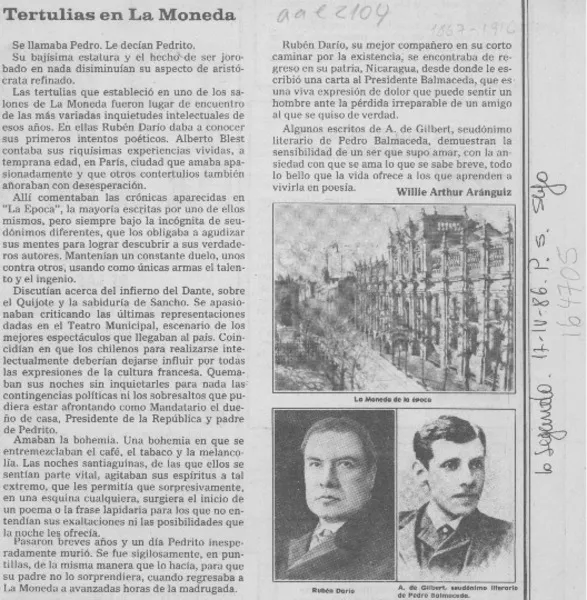 Tertulias en La Moneda  [artículo] Willie Arthur Aránguiz.