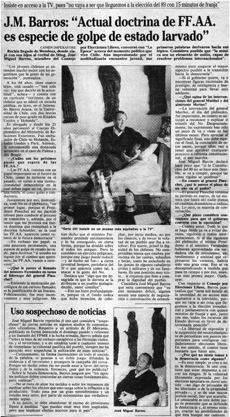 J. M. Barros, "Actual doctrina de FF. AA. es especie de golpe de estado larvado"  [artículo] Carmen Imperatore.