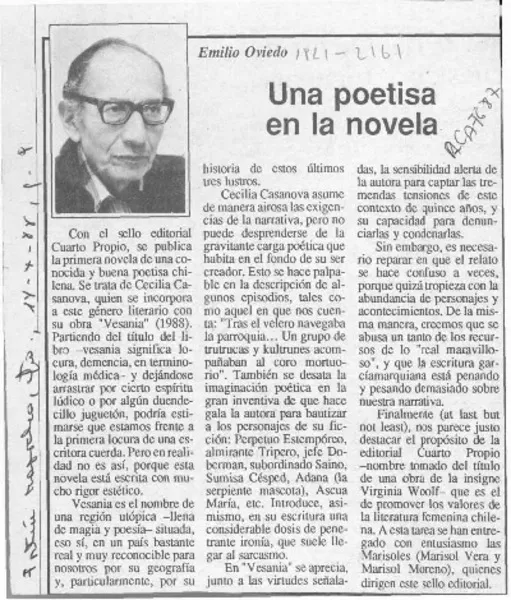 Una poetisa en la novela  [artículo] Emilio Oviedo.