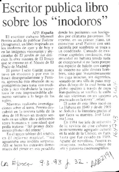 Escritor publica libro sobre los "inodoros"  [artículo].