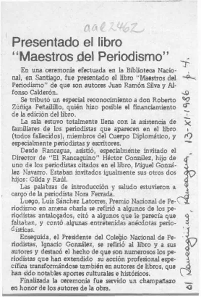 Presentado el libro "Maestros del periodismo"  [artículo].