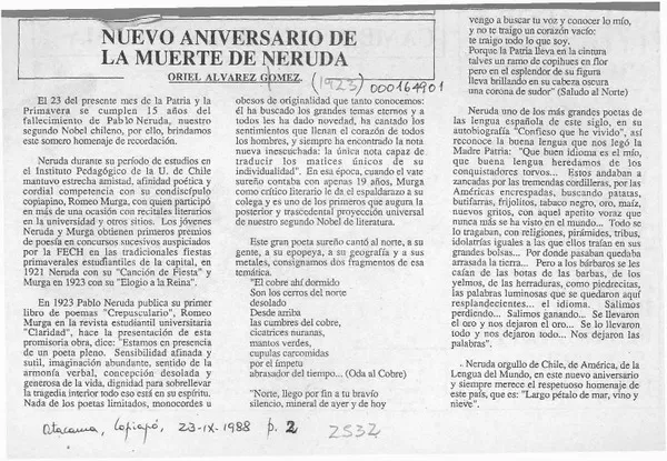 Nuevo aniversario de la muerte de Neruda  [artículo] Oriel Alvarez Gómez.