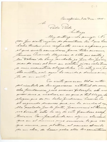 [Carta] 1915 dic. 7, Concepción, Chile [a] Pedro Prado  [manuscrito] Luis David Cruz Ocampo.