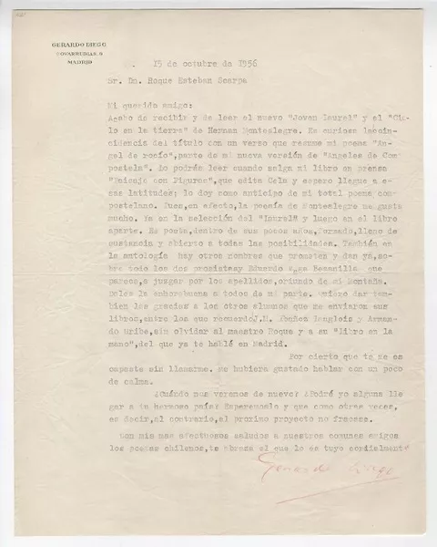 [Carta] 1956 oct. 15, Madrid, España [a] Roque Esteban Scarpa  [manuscrito] Gerardo Diego.