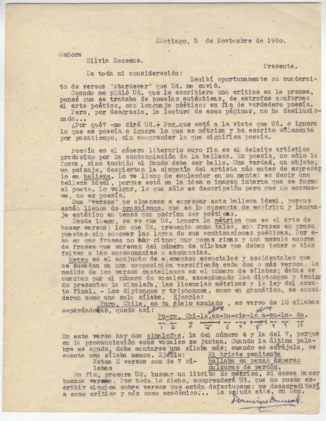 [Carta] 1960 nov. 3, Santiago, Chile [a] Silvia Recsens  [manuscrito] Francisco Donoso.