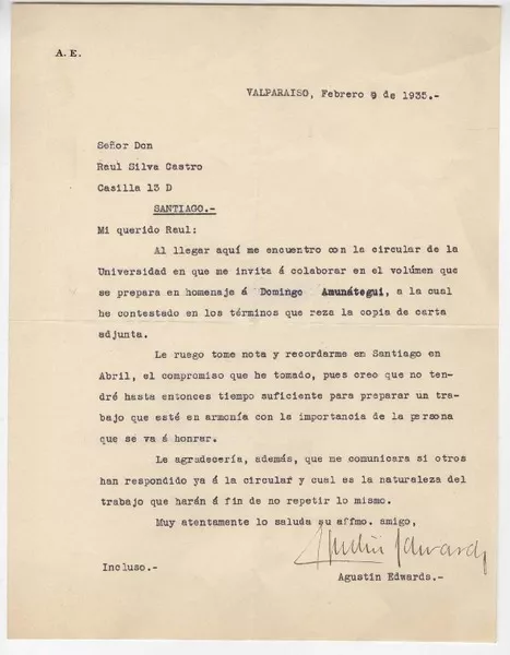 [Carta] 1935 feb. 9, Valparaíso, Chile [a] Raúl Silva Castro  [manuscrito] Agustín Edwards.