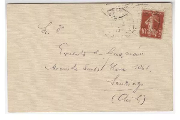 [Tarjeta] 1915 feb. 10, París, Francia [a] Ernesto Guzmán A.  [manuscrito] Ventura García Calderón.