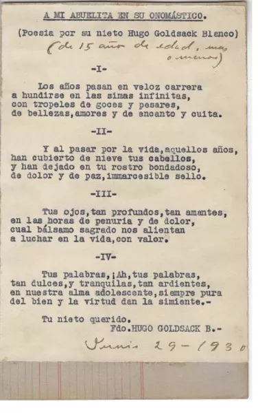 A mi abuelita en su onomástico  [manuscrito] Hugo Goldsack.