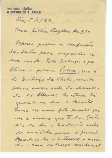 [Carta] 1982, Río de Janeiro, Brasil [a] Lidia Neghme  [manuscrito] Ferreira Gullar.