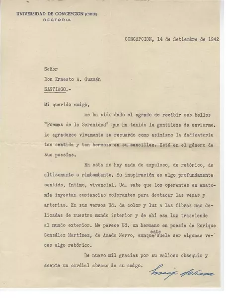 [Carta] 1942 sep. 14, Concepción, Chile [a] Ernesto A. Guzmán  [manuscrito] Enrique Molina.