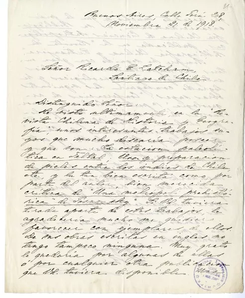 [Carta] 1918 noviembre 21, Buenos Aires, Argentina [a] Ricardo E. Latcham.  [manuscrito] Eric Boman.