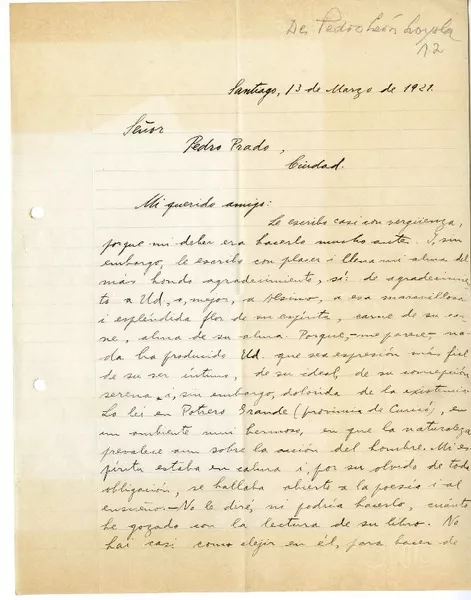 [Carta] 1921 mayo 13, Santiago, Chile [a] Pedro Prado  [manuscrito] Pedro León Loyola Leyton.