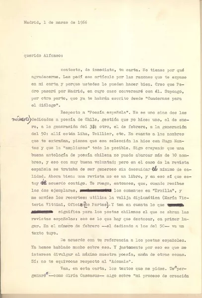 [Carta] 1966 mar. 1, Madrid, España [a] Alfonso Calderón  [manuscrito] Miguel Arteche.