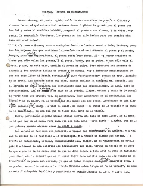 Los ocho mundos de Montealegre  [manuscrito] Miguel Arteche.