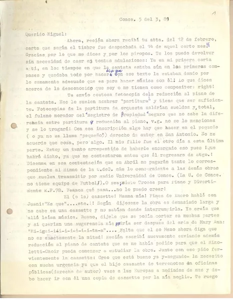 [Carta] 1981 mar. 5, Concepción, Chile [a] Miguel Arteche  [manuscrito] Wilfred Junge.