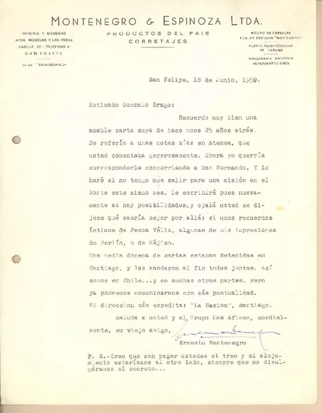 [Carta] 1959 jun. 18, San Felipe, Chile [a] Gonzalo Drago  [manuscrito] Ernesto Montenegro.