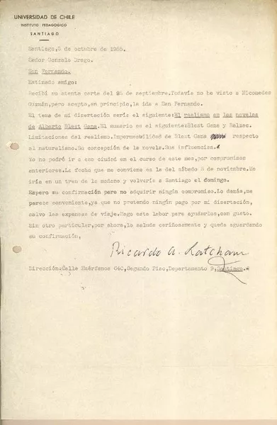 [Carta] 1955 oct. 5, Santiago, Chile [a] Gonzalo Drago  [manuscrito] Ricardo Latcham.
