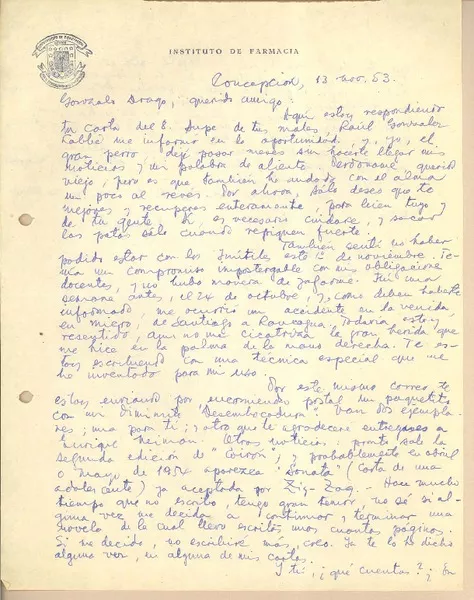 [Carta] 1953 nov. 13, Concepción, Chile [a] Gonzalo Drago  [manuscrito] Daniel Belmar.
