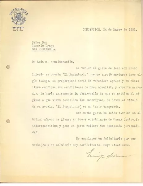 [Carta] 1952 mar. 24, Concepción, Chile [a] Gonzalo Drago  [manuscrito] Enrique Molina.