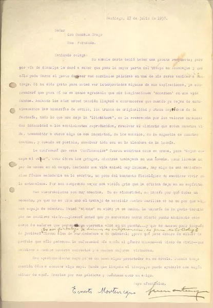 [Carta] 1937 jul. 27, Santiago, Chile [a] Gonzalo Drago  [manuscrito] Ernesto Montenegro.