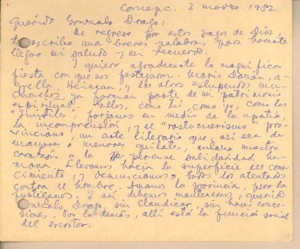 [Tarjeta] 1952 mar. 3, Concepción, Chile [a] Gonzalo Drago  [manuscrito] Daniel Belmar.
