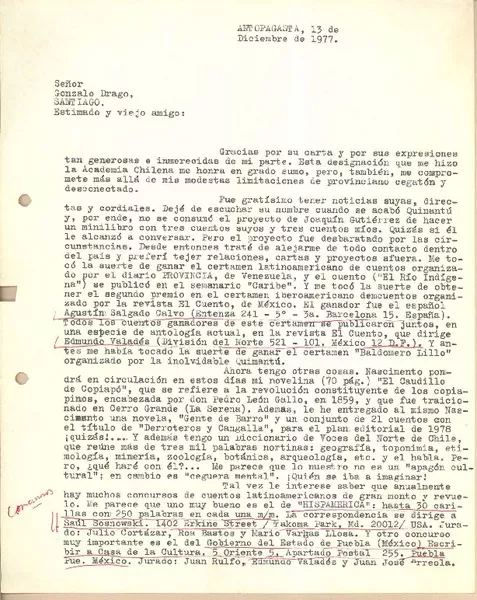 [Carta] 1977 dic. 13, Antofagasta, Chile [a] Gonzalo Drago  [manuscrito] Mario Bahamonde.
