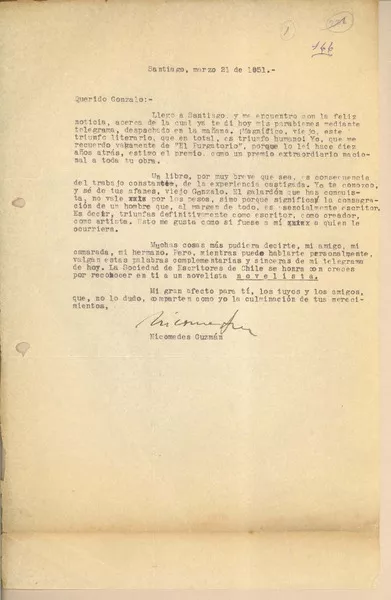 [Carta] 1951 mar. 21, Santiago, Chile [a] Gonzalo Drago  [manuscrito] Nicomedes Guzmán.