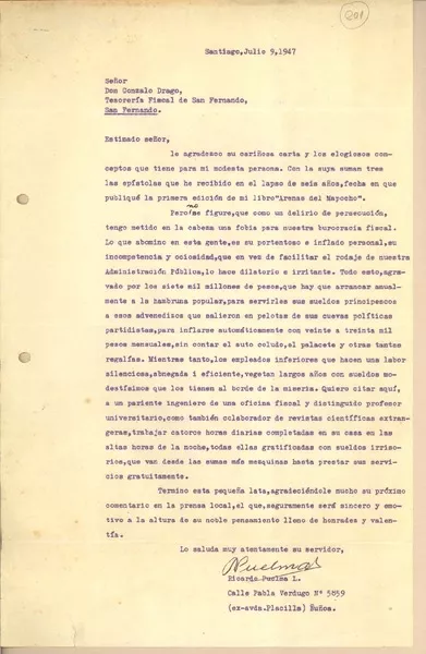 [Carta] 1947 jul. 9, Santiago, Chile [a] Gonzalo Drago  [manuscrito] Ricardo Puelma L.