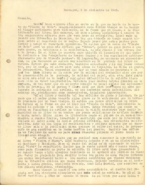 [Carta] 1943 dic. 8, Rancagua, Chile [a] Gonzalo Drago  [manuscrito] Baltazar Castro.