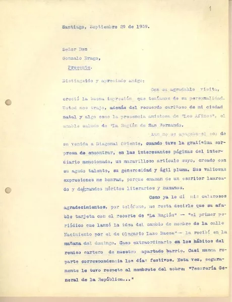 [Carta] 1959 sep. 29, Santiago, Chile [a] Gonzalo Drago  [manuscrito] Olegario Lazo Baeza.