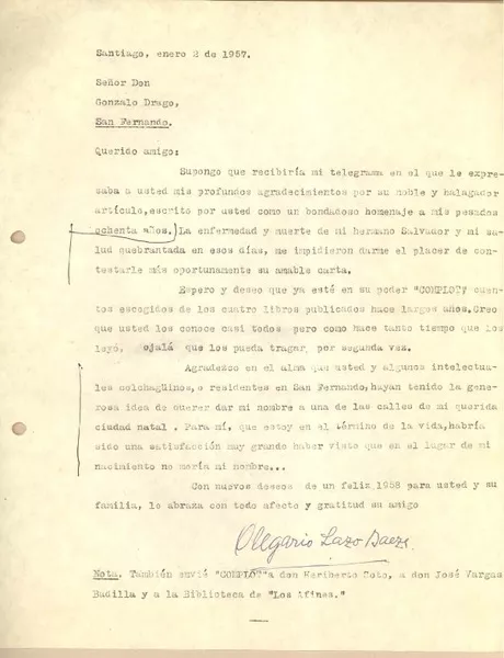 [Carta] 1957 ene. 2, Santiago, Chile [a] Gonzalo Drago  [manuscrito] Olegario Lazo Baeza.