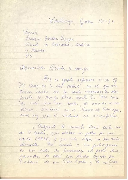 [Carta] 1974 jul. 14, Santiago, Chile [a] Roque Esteban Scarpa  [manuscrito] Gonzalo Drago.