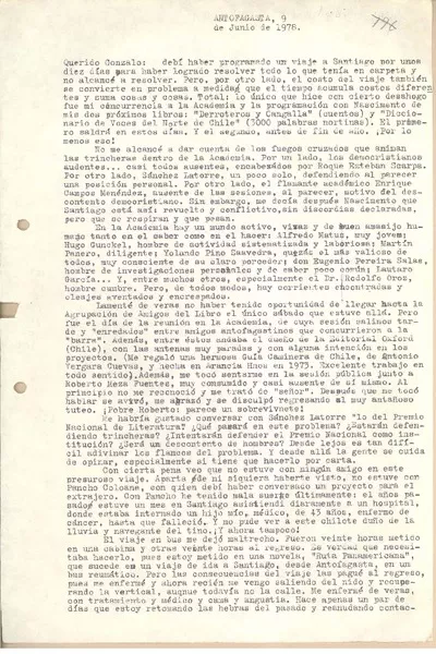[Carta] 1978 jun. 9, Antofagasta, Chile [a] Gonzalo Drago  [manuscrito] Mario Bahamonde.