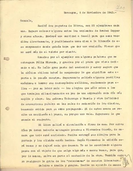 [Carta] 1943 nov. 6, Rancagua, Chile [a] Gonzalo Drago  [manuscrito] Baltazar Castro.