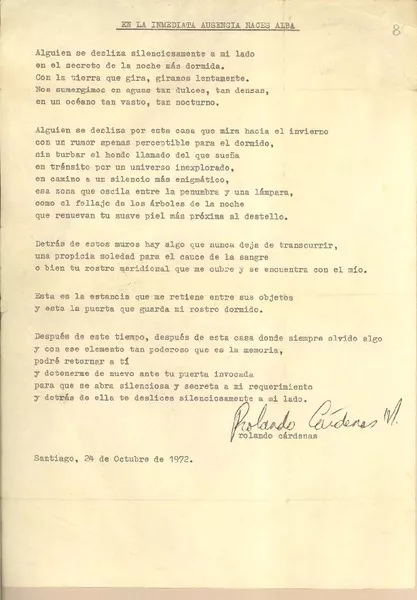 En la inmediata ausencia naces alba  [manuscrito] Rolando Cárdenas.