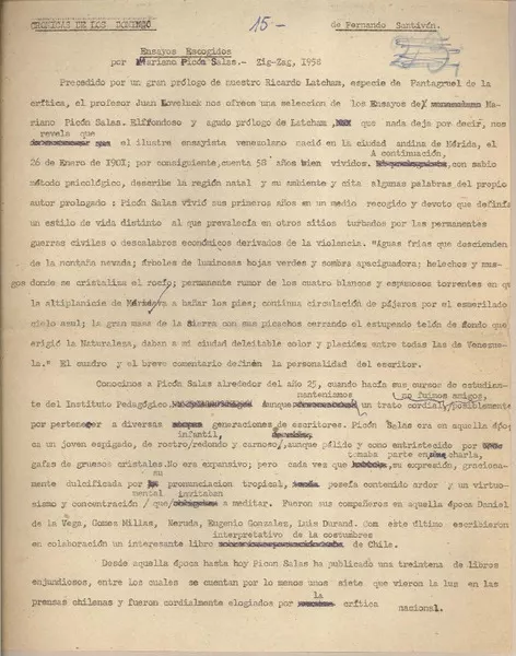 Ensayos escogidos por Mariano Picón Salas  [manuscrito] Fernando Santiván.