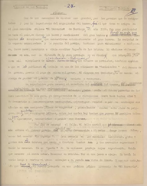 Plagios  [manuscrito] Fernando Santiván.