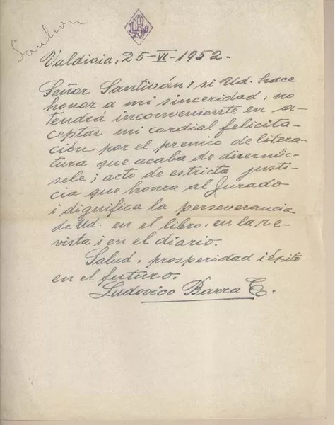 [Carta] 1952 junio 25, Valdivia, Chile [a] Fernando Santiván  [manuscrito] Ludovico Barra.