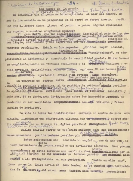 El perro en la novela  [manuscrito] Fernando Santiván.