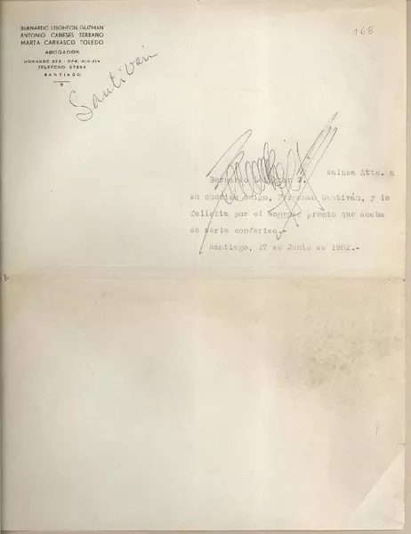 [Carta] 1952 junio 27, Santiago, Chile [a] Fernando Santiván  [manuscrito] Bernardo Leighton Guzmán.