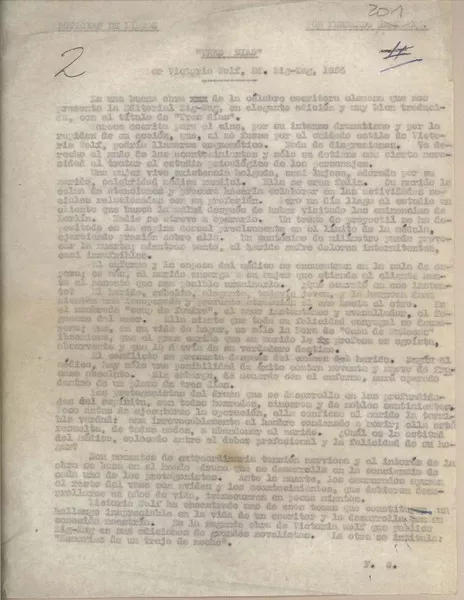Tres días por Victoria Wolf  [manuscrito] Fernando Santiván.