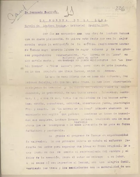 La morena de la loma por Lautaro Yankas  [manuscrito] Fernando Santiván.
