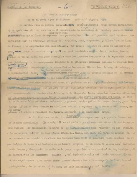 La novela contemporánea  [manuscrito] Fernando Santiván.