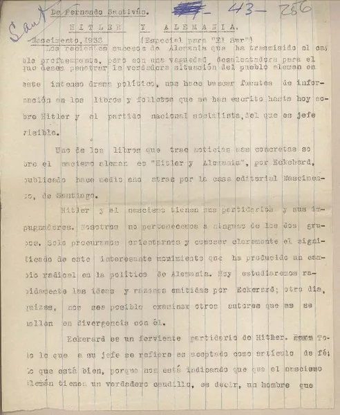 Hitler y Alemania  [manuscrito] Fernando Santiván.