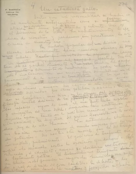 Un estatista gallo  [manuscrito] Fernando Santiván.